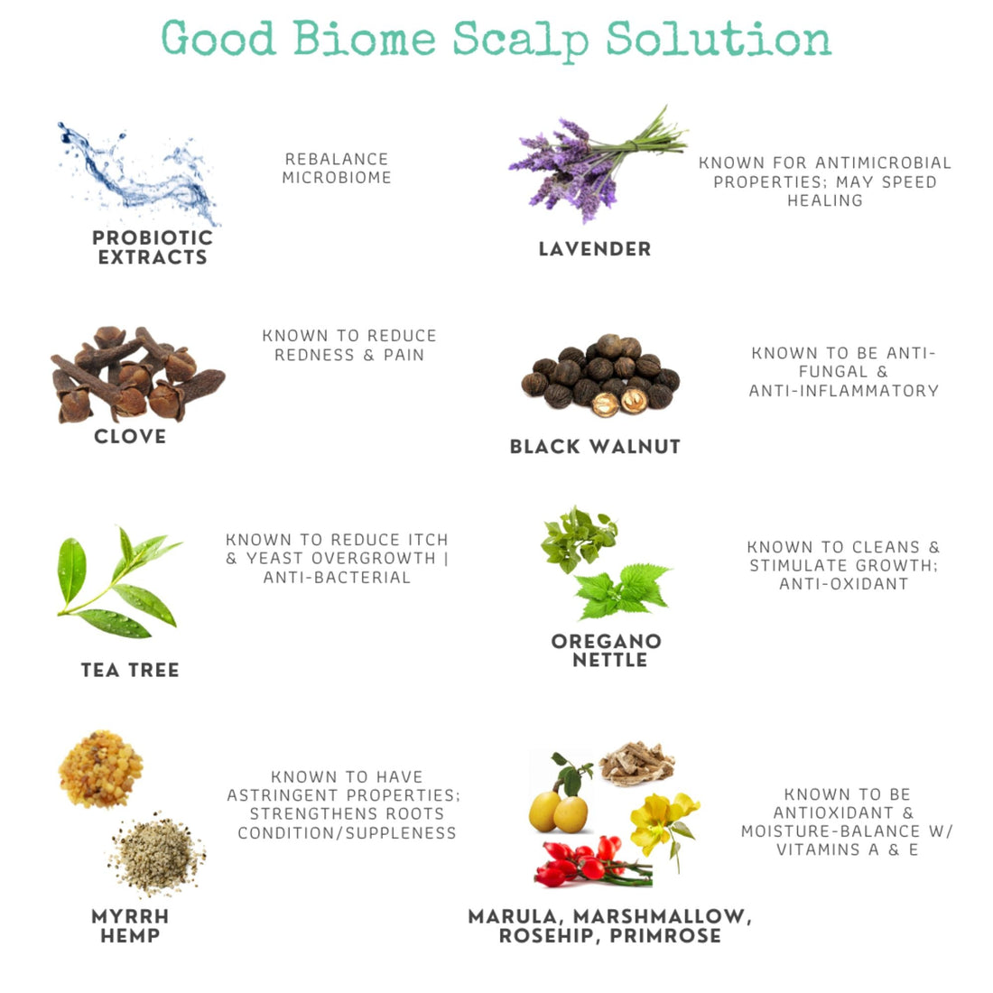 An infographic titled "Good Biome Scalp Relief & Face Renew Core Bundle | Bioactive Skincare" by Bea&
