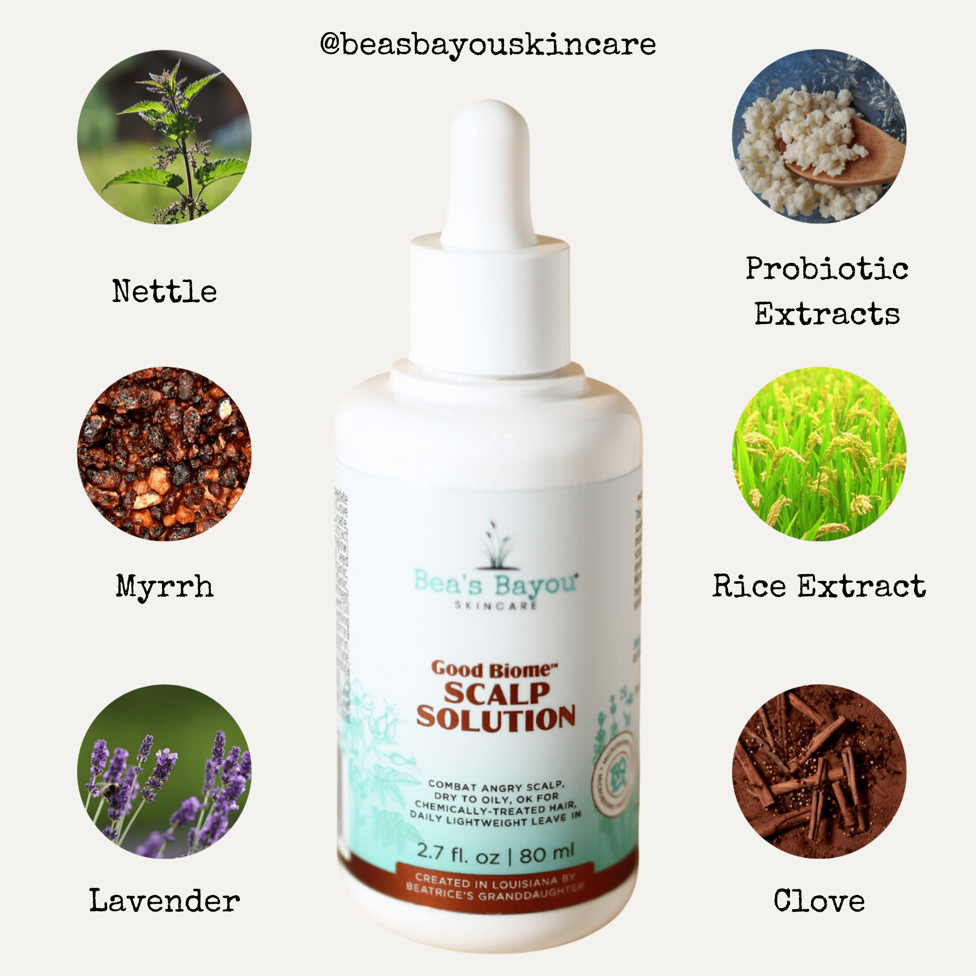 A product image featuring a white bottle of "Good Biome Scalp Relief Solution and Facial Renew Essence Set" from Bea&