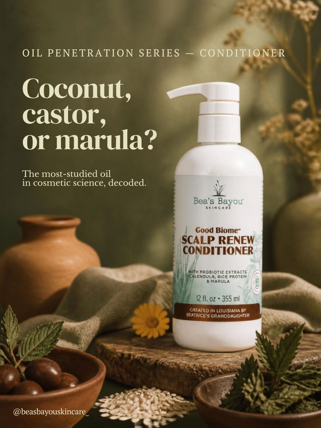 Bea's Bayou Seborrheic Moisturizing Conditioner bottle with coconut, castor, and marula oil, for scalp barrier support
