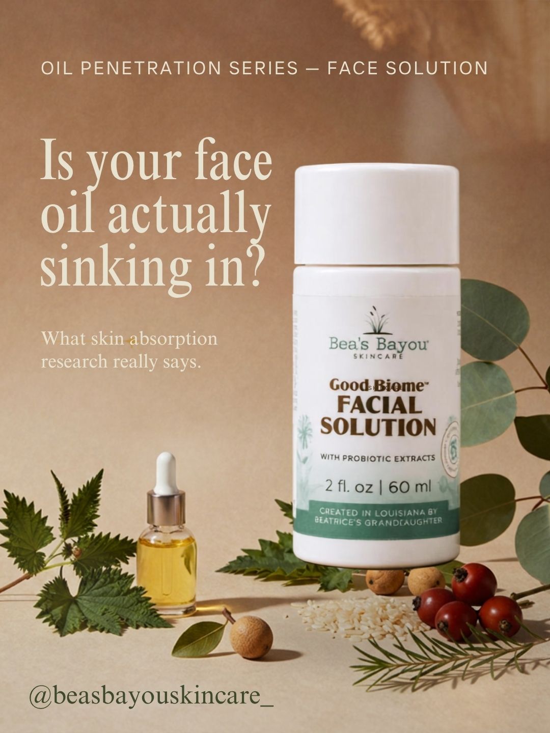 Bea's Bayou GoodBiome Prebiotic Facial Solution serum bottle with AHA and BHA, for skin barrier support