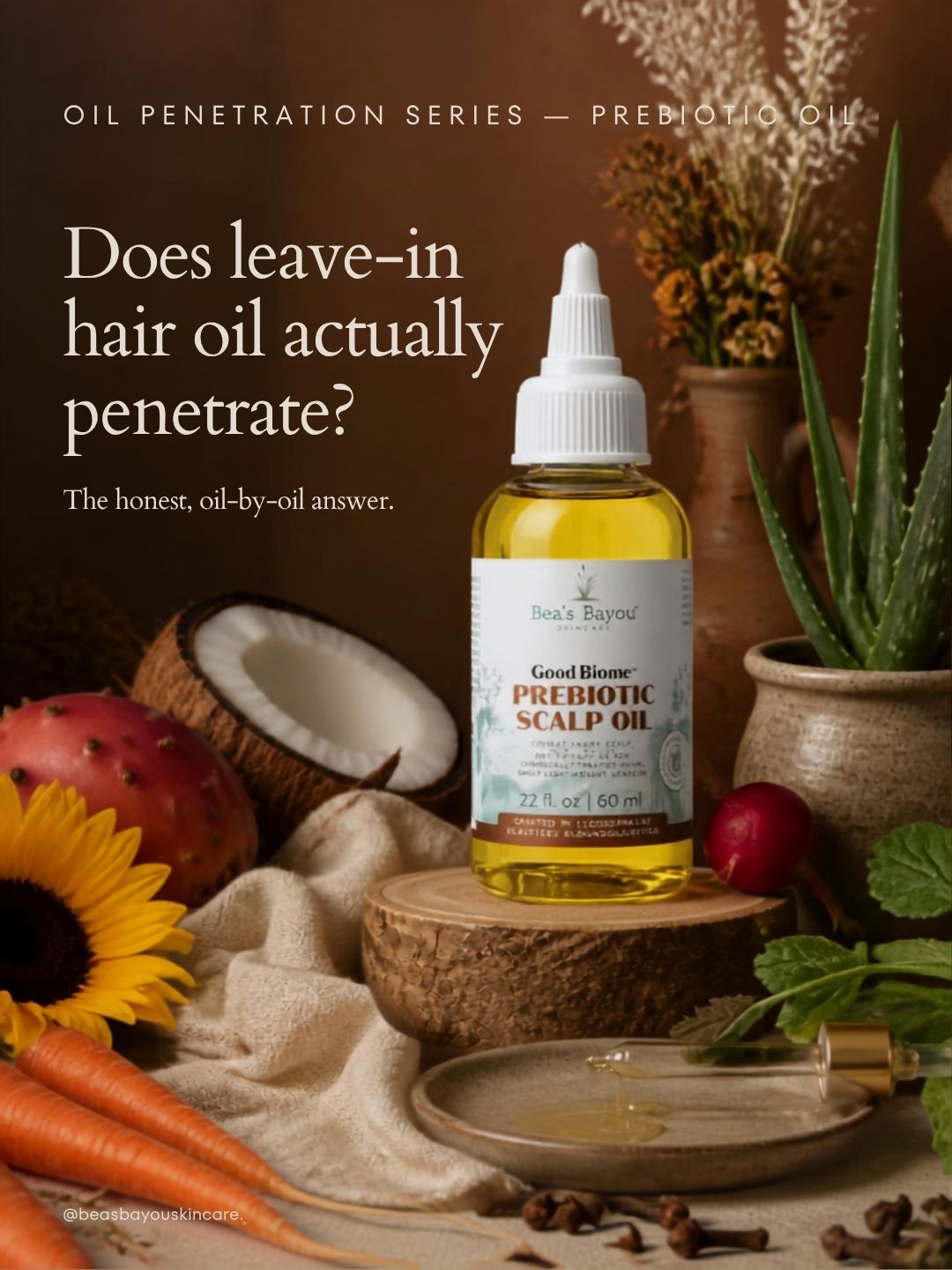 Bea's Bayou Prebiotic Nourishing Scalp Oil dropper bottle with castor, hemp, and jojoba oil, for dry scalp and hair nourishment