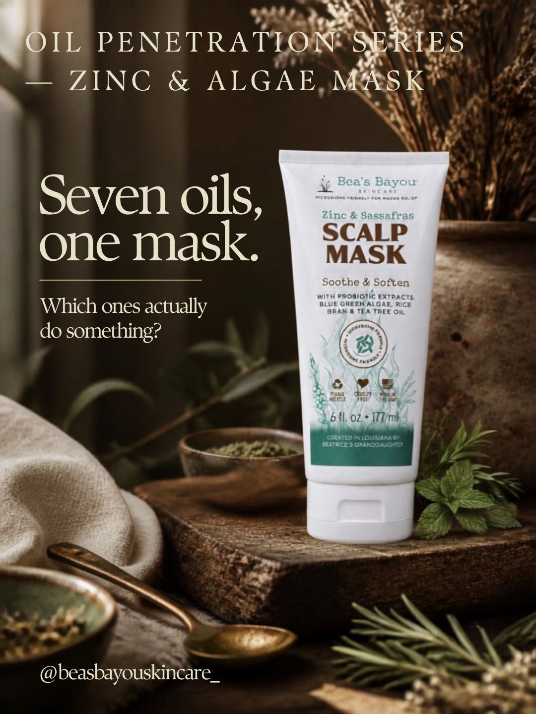Bea's Bayou YeastDefense Calming Zinc & Algae Scalp Mask jar with castor, sweet almond, and olive fruit oil, for scalp buildup and sensitivity
