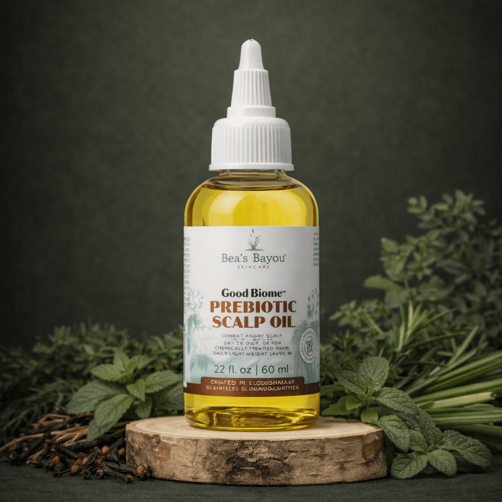 Bea's Bayou Prebiotic Nourishing Scalp Oil bottle, silky fast-absorbing oil for fine or thin hair