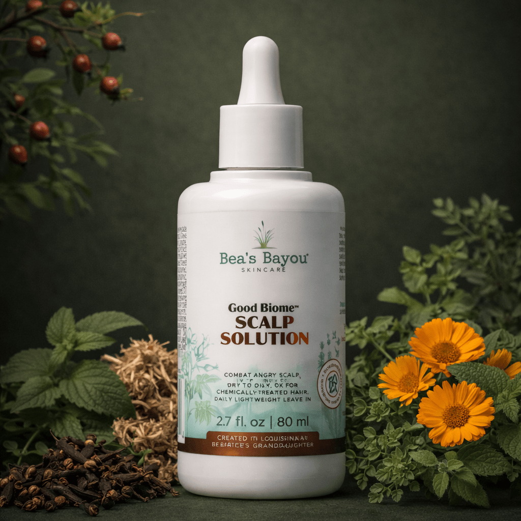 Bea's Bayou YeastDefense Seborrheic Scalp Solution bottle, herbal probiotic leave-in for itchy, flaky scalp