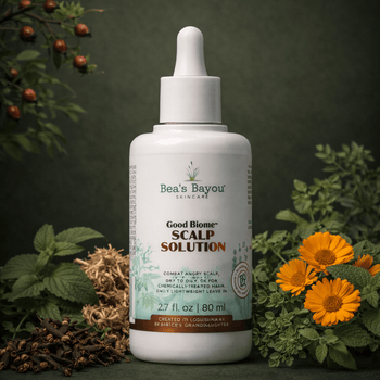 Bea's Bayou YeastDefense Seborrheic Scalp Solution bottle, herbal probiotic leave-in for itchy, flaky scalp